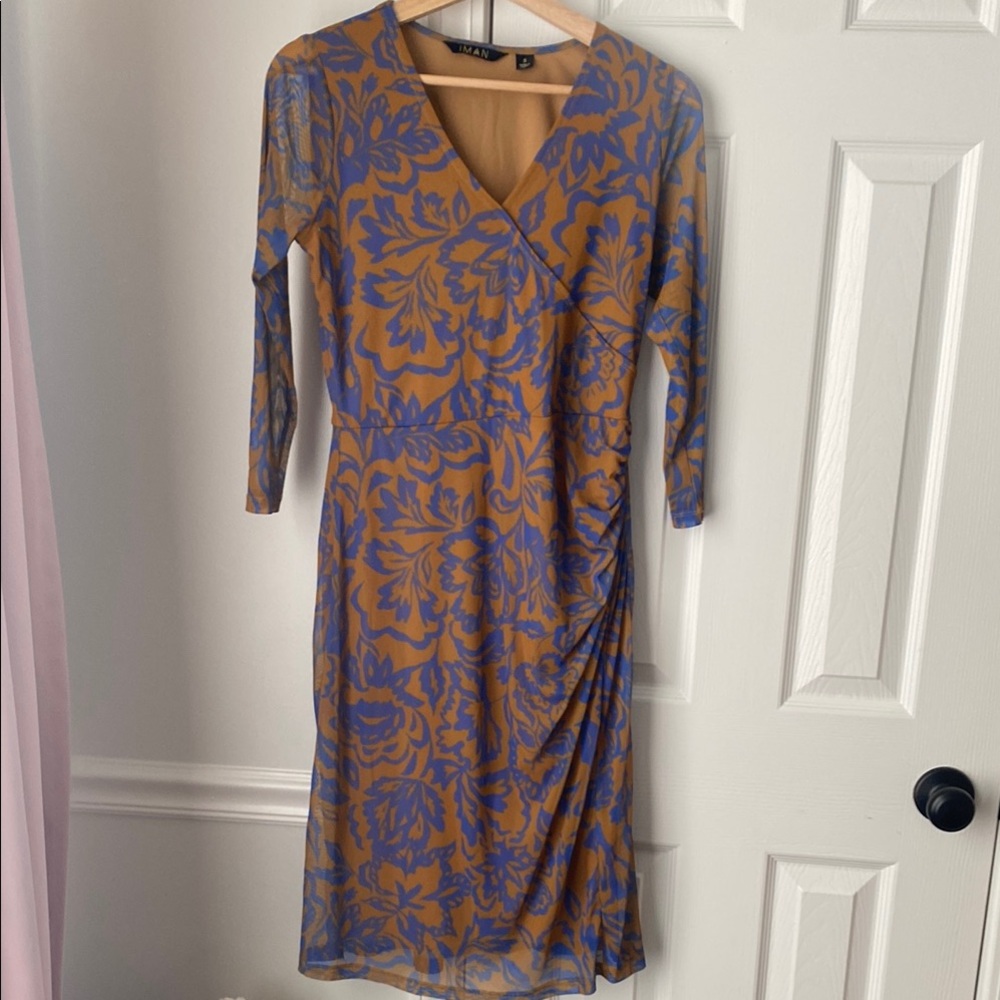 IMAN Blue and Orange Sheath Dress V-Neck 3/4 Sleeve